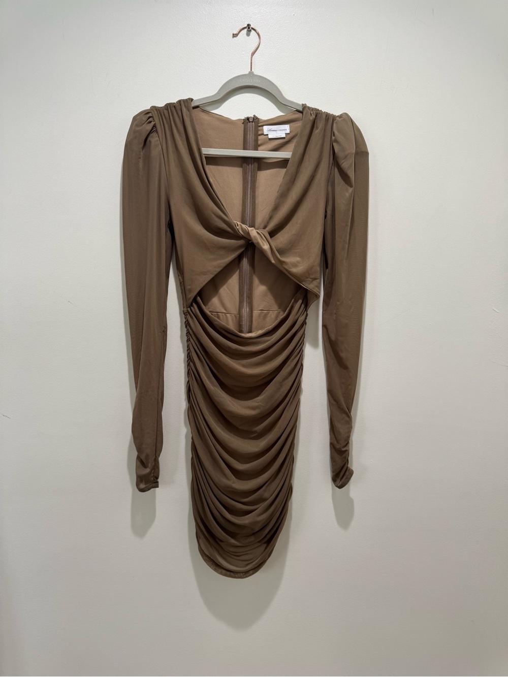 Lovers + Friends Celest Mini Dress Taupe Ruched Cutout Long Sleeve Size Small